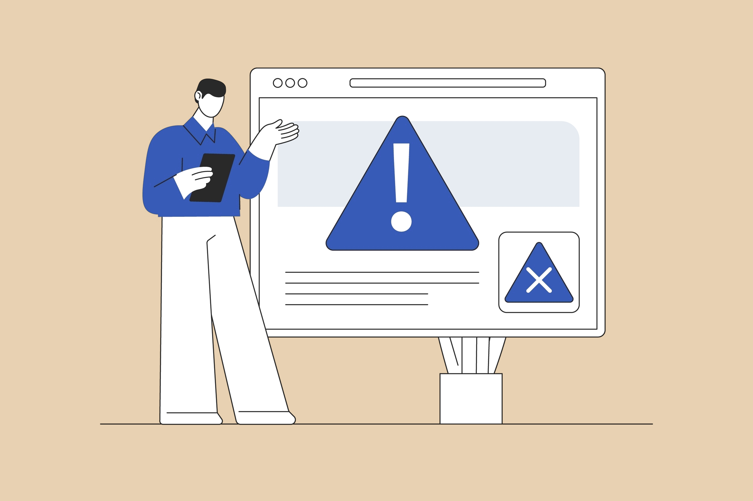 A man looking at a tablet and analysing what's wrong with a depicted landing page.